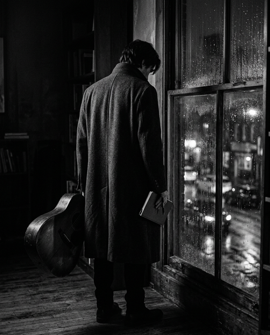 Stranger standing by a rainy window at night